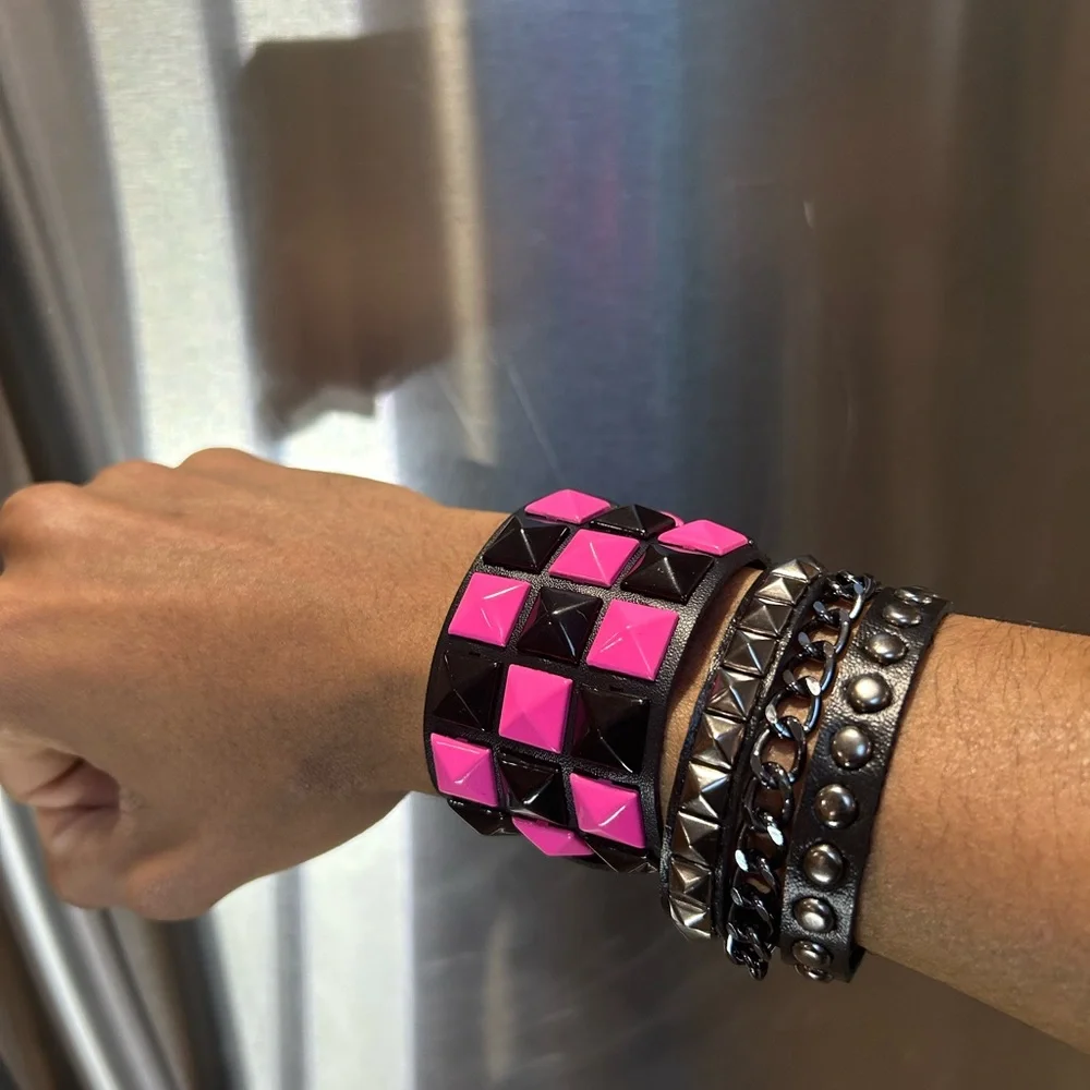 My Valentines Pack 2 PCs Pink and Black faux leather Gothic studded Chain Punk - Picture 2 of 8